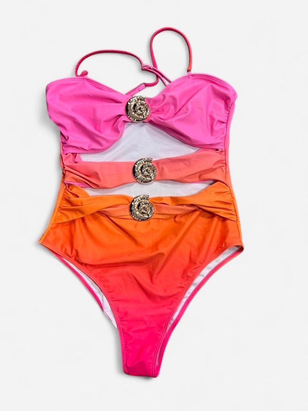 Source Unknown Pink to Orange Ombre One-Piece Swimsuit with Gold Accents